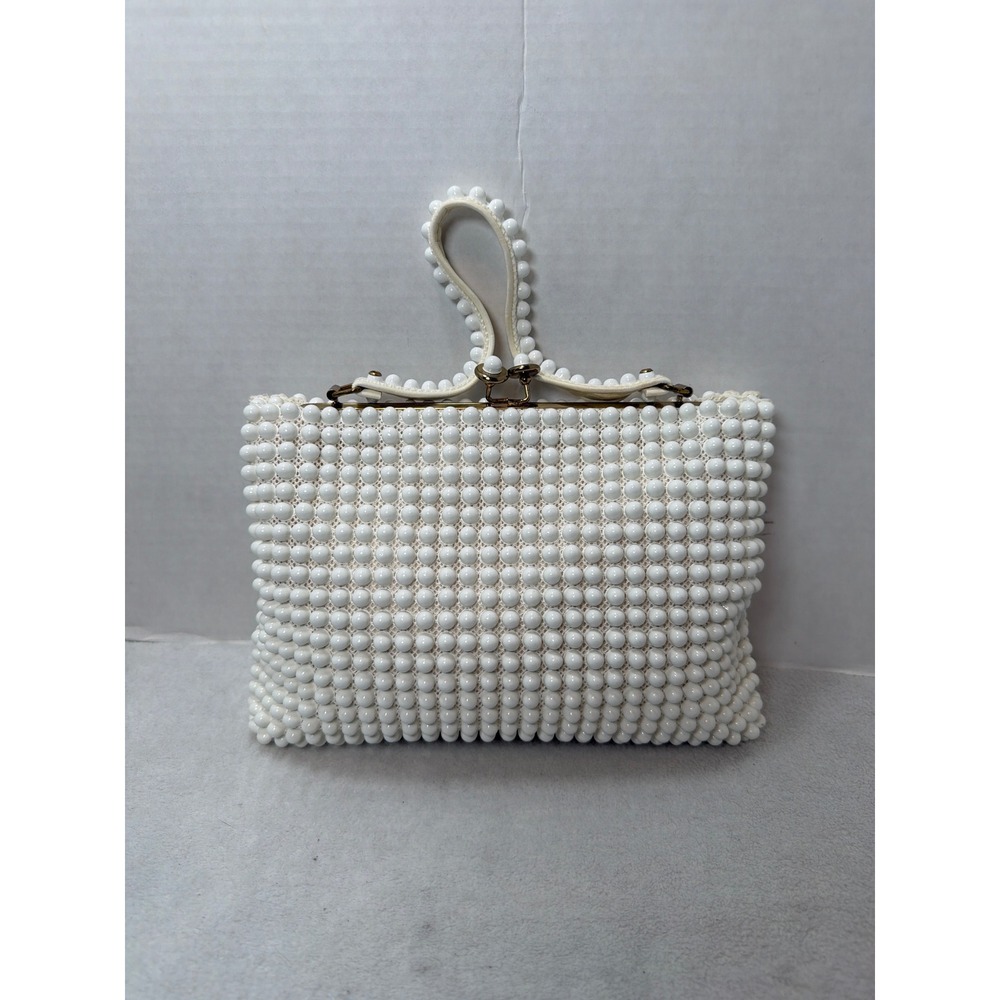 VTG 70s Grandee Bead Handbag Women Small White‎ Faux Pearl Kiss Lock USA Retro